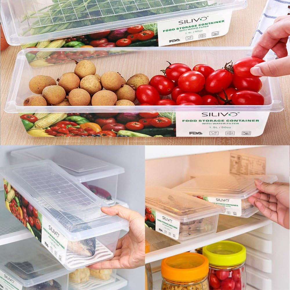 Fridge Organiser with Lids, Food Storage Containers with Draining Grid, Fridge Organiser for Storing Fresh Fruit, Vegetable and Cheese (3 X 1.5L)