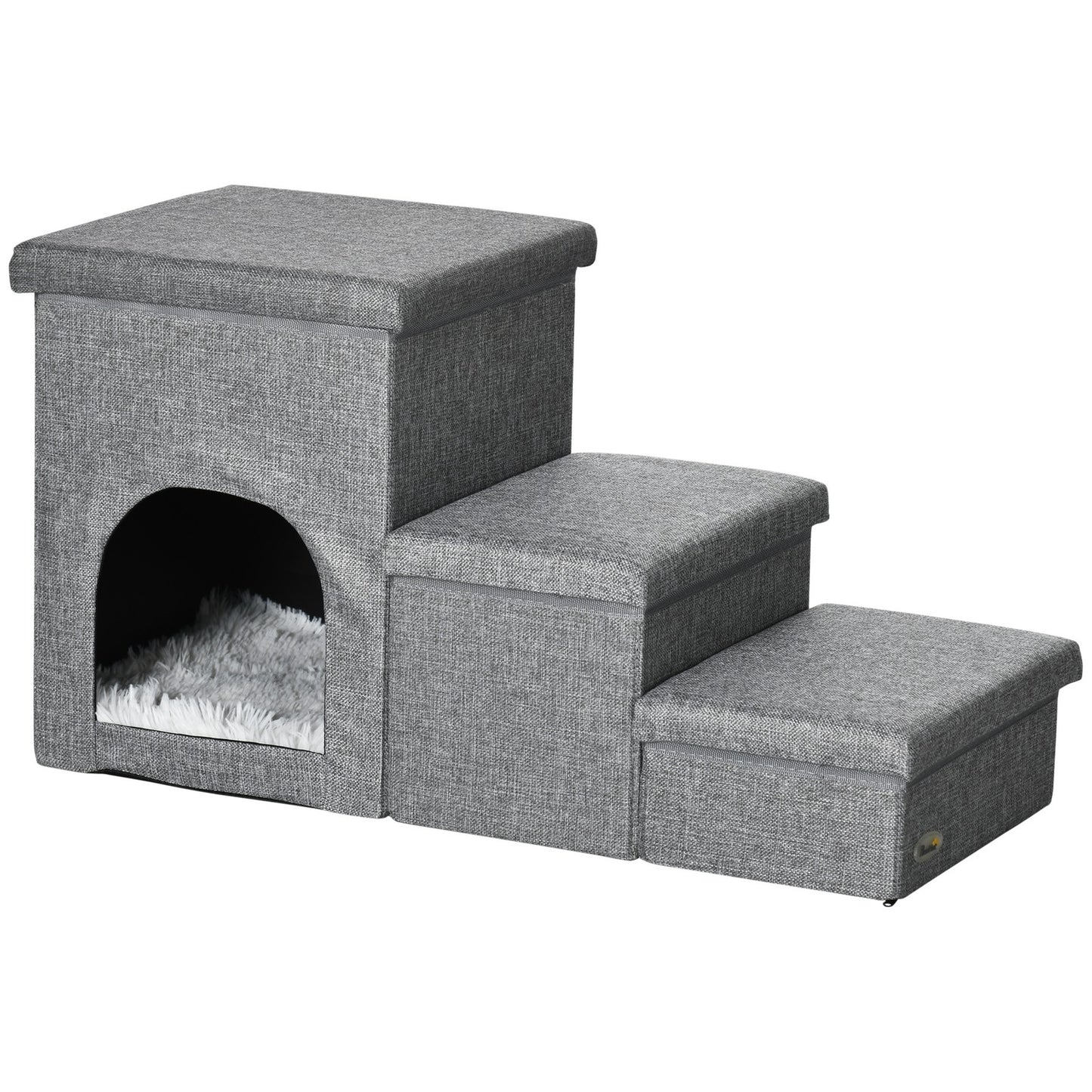 Pawhut 3 Step Dog Steps for Bed W/ Cat House Storage Boxes for Sofa Grey