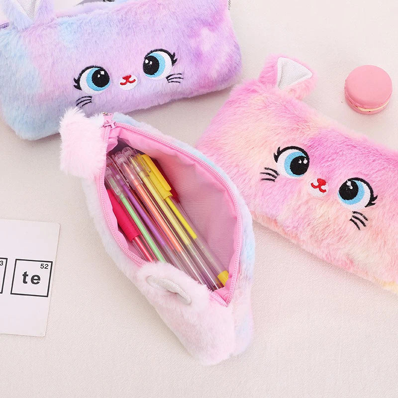 Kawaii Cat Large-Capacity Zipper Pencil Bag, Beautiful Cartoon Creative Plush Pencil Bag for Girls Stationery Storage Bag