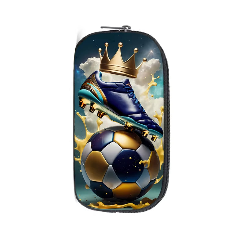 Cool Soccer with Golden Crown Cosmetic Case Kids Football Pencil Bag Teenager Stationery Bag Pencil Box Office School Supplies