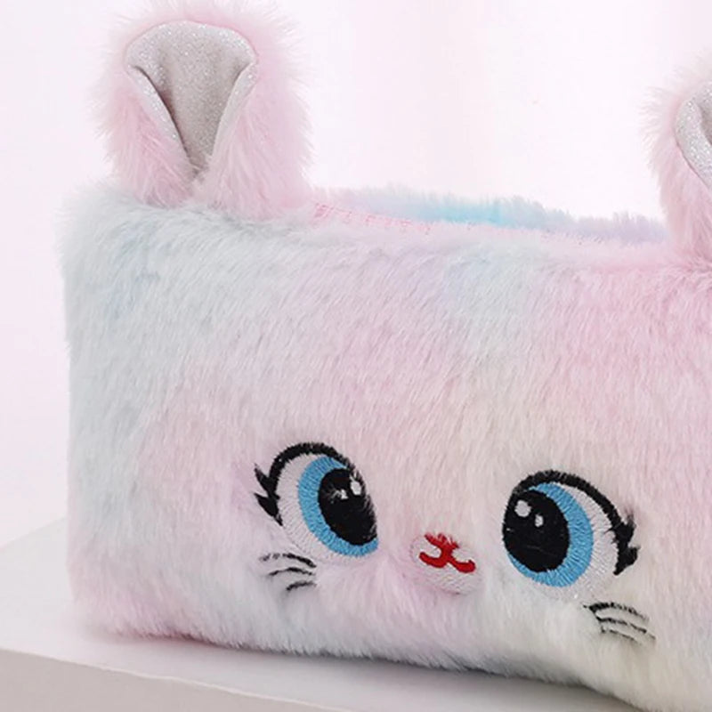 Kawaii Cat Large-Capacity Zipper Pencil Bag, Beautiful Cartoon Creative Plush Pencil Bag for Girls Stationery Storage Bag