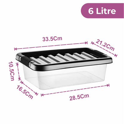 Plastic Storage Boxes with Black Lids Durable Stackable Home Office Clear Box UK