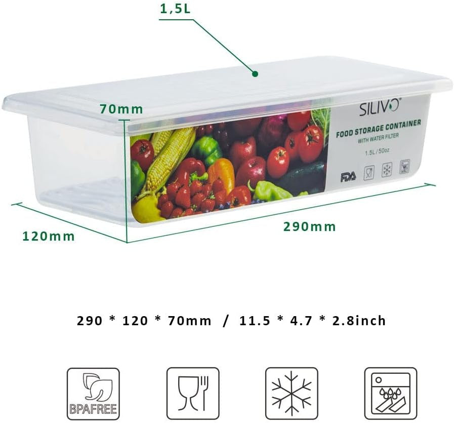 Fridge Organiser with Lids,  Food Storage Containers with Draining Grid, Fridge Organiser for Storing Fresh Fruit, Vegetable and Cheese (3 X 1.5L)