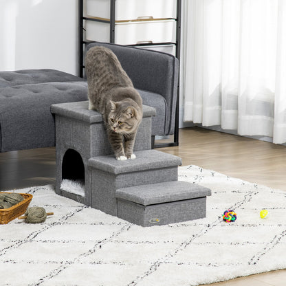 Pawhut 3 Step Dog Steps for Bed W/ Cat House Storage Boxes for Sofa Grey