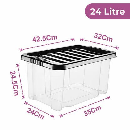 Plastic Storage Boxes with Black Lids Durable Stackable Home Office Clear Box UK
