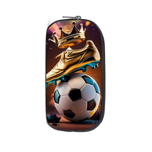 Cool Soccer with Golden Crown Cosmetic Case Kids Football Pencil Bag Teenager Stationery Bag Pencil Box Office School Supplies