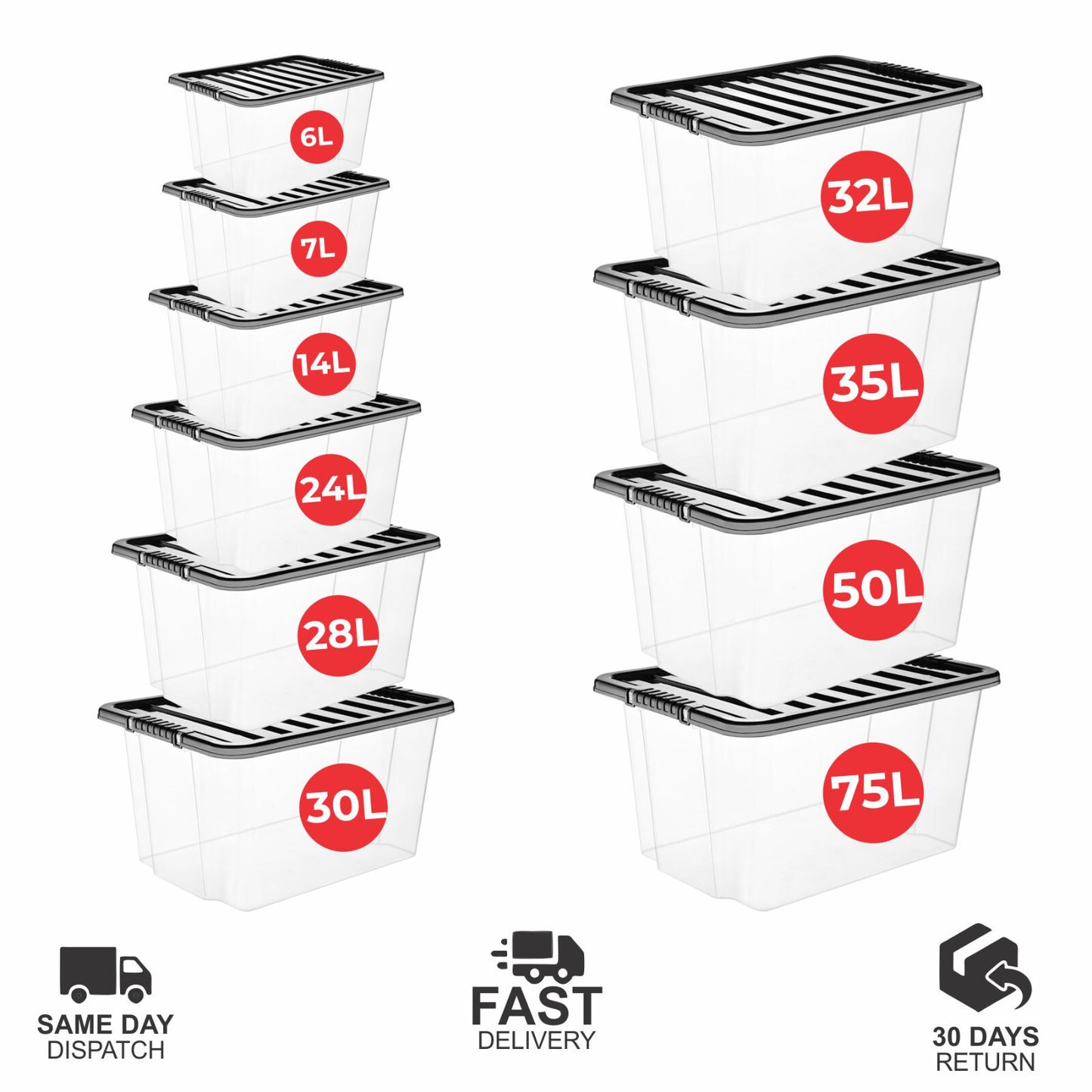 Plastic Storage Boxes with Black Lids Durable Stackable Home Office Clear Box UK