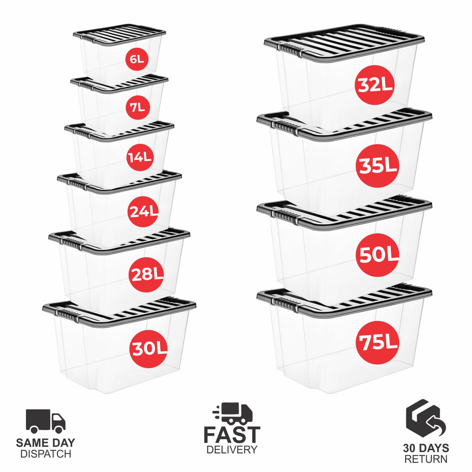 Plastic Storage Boxes with Black Lids Durable Stackable Home Office Clear Box UK