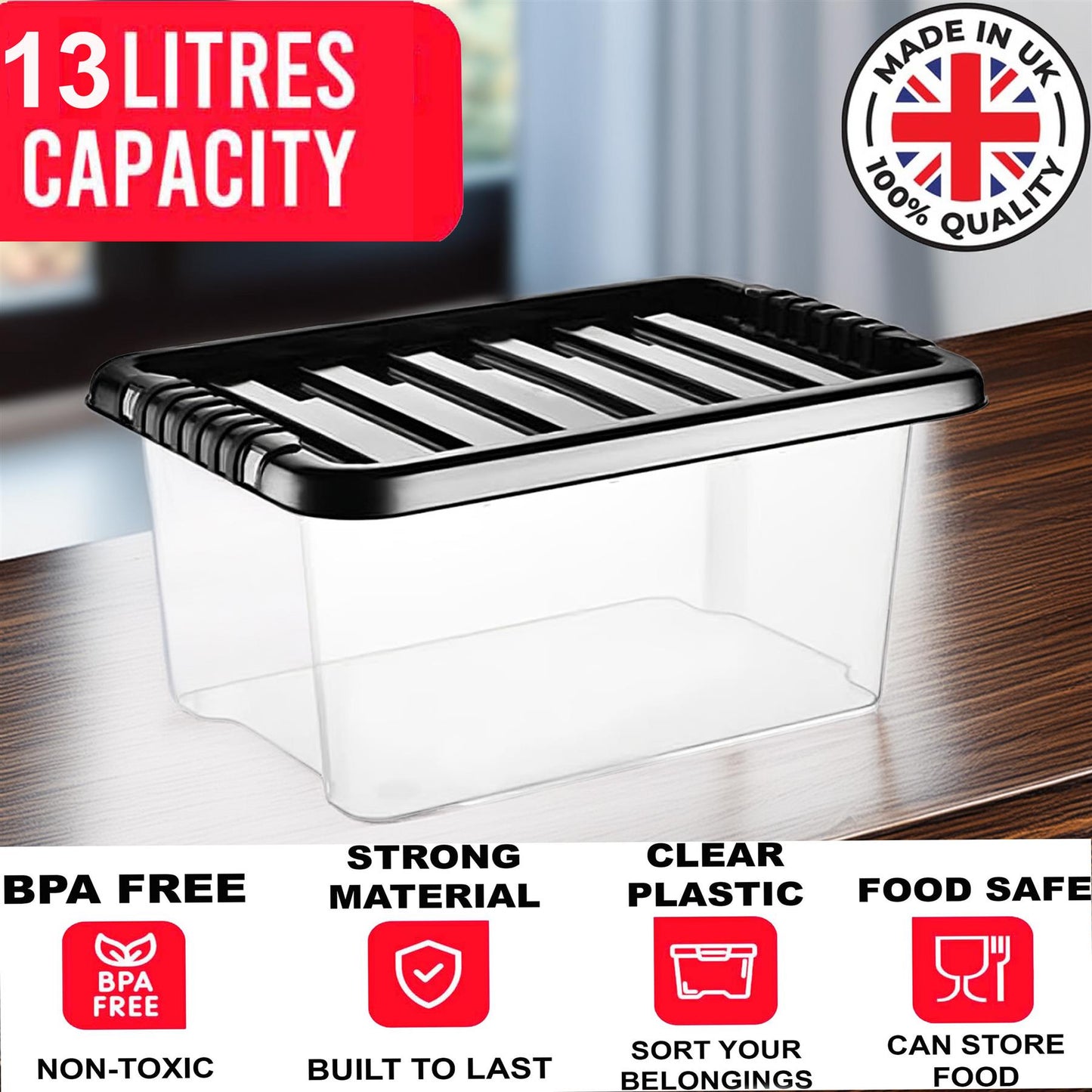Clear Plastic Storage Boxes with Lids Stackable Box Home Office Kitchen UK Made