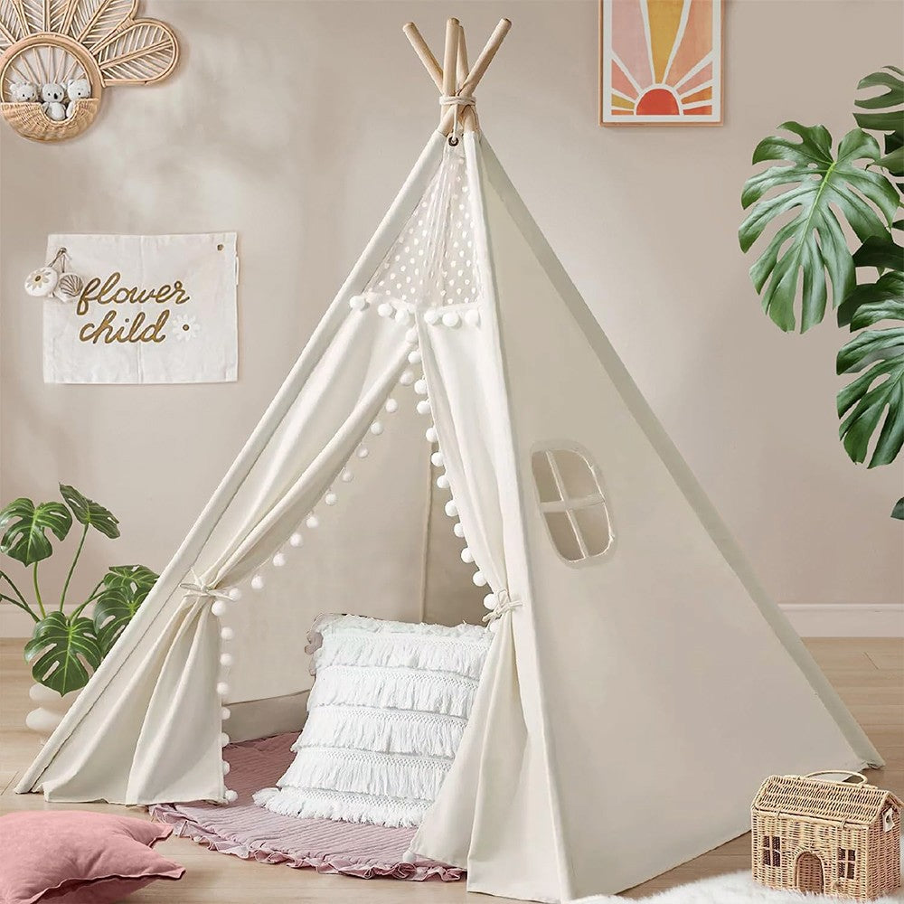160CM Large Canvas Kids Teepee Star Wood Indian Tent Child In/Outdoor Play House