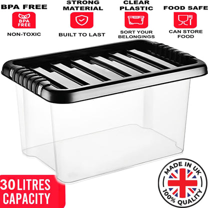 Clear Plastic Storage Boxes with Lids Stackable Box Home Office Kitchen UK Made