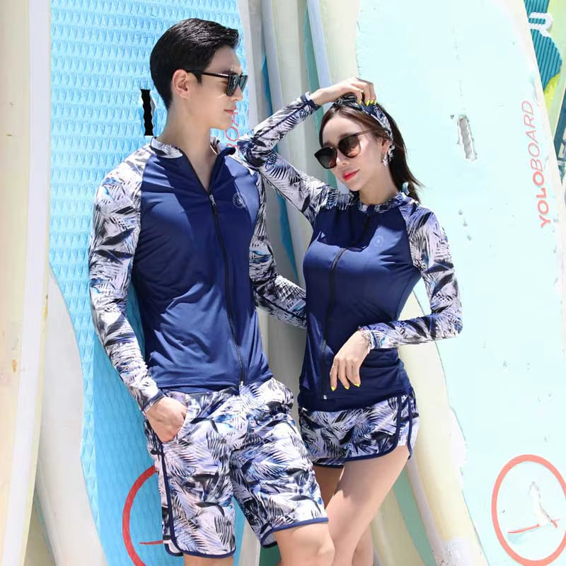Women'S 3 Piece Men'S Rash Guard Tops & Bottomslong Sleeve Front Zip Bathing Suits Quick Drying UV Sun Protection Swim Surf Suit