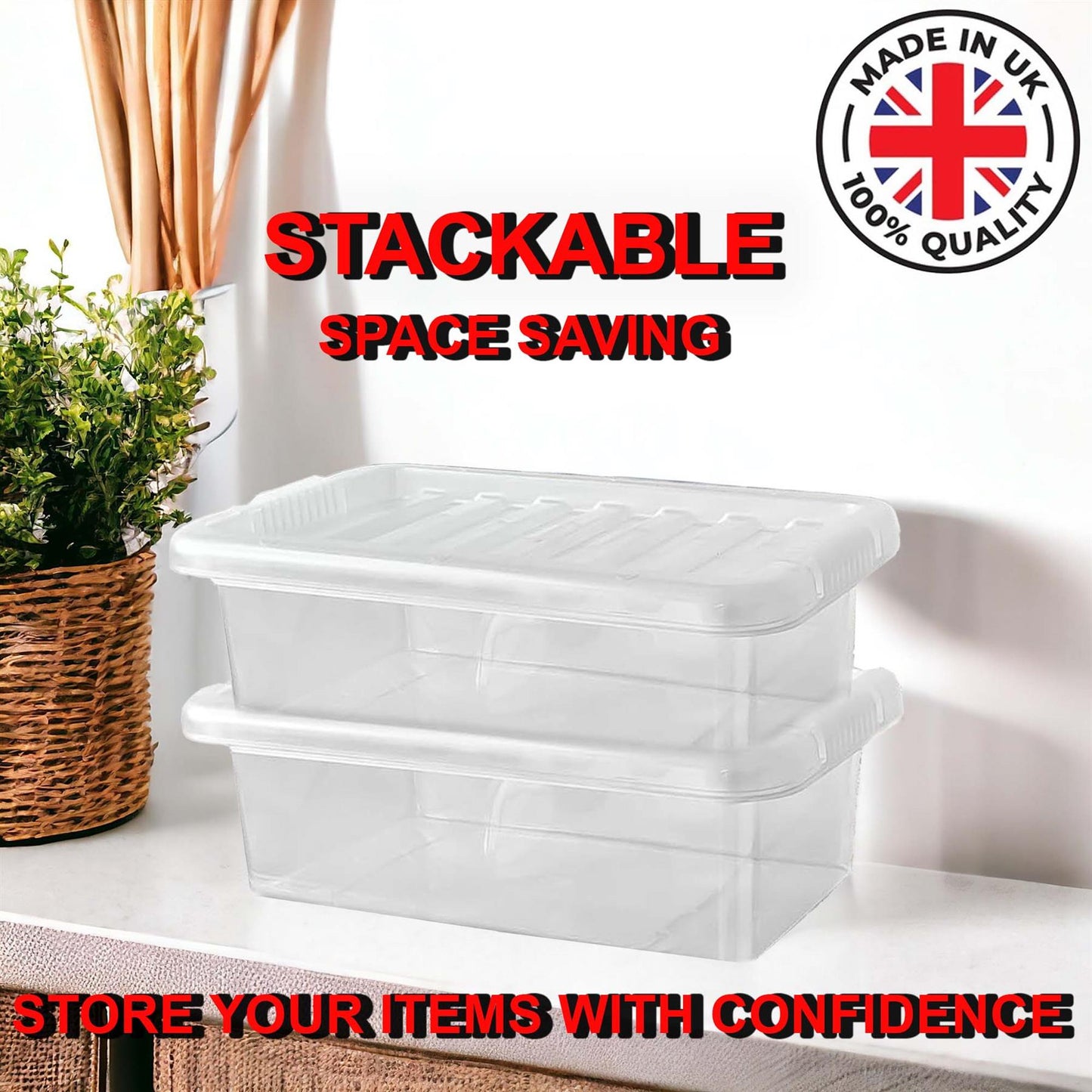 Clear Plastic Storage Boxes with Lids Stackable Box Home Office Kitchen UK Made