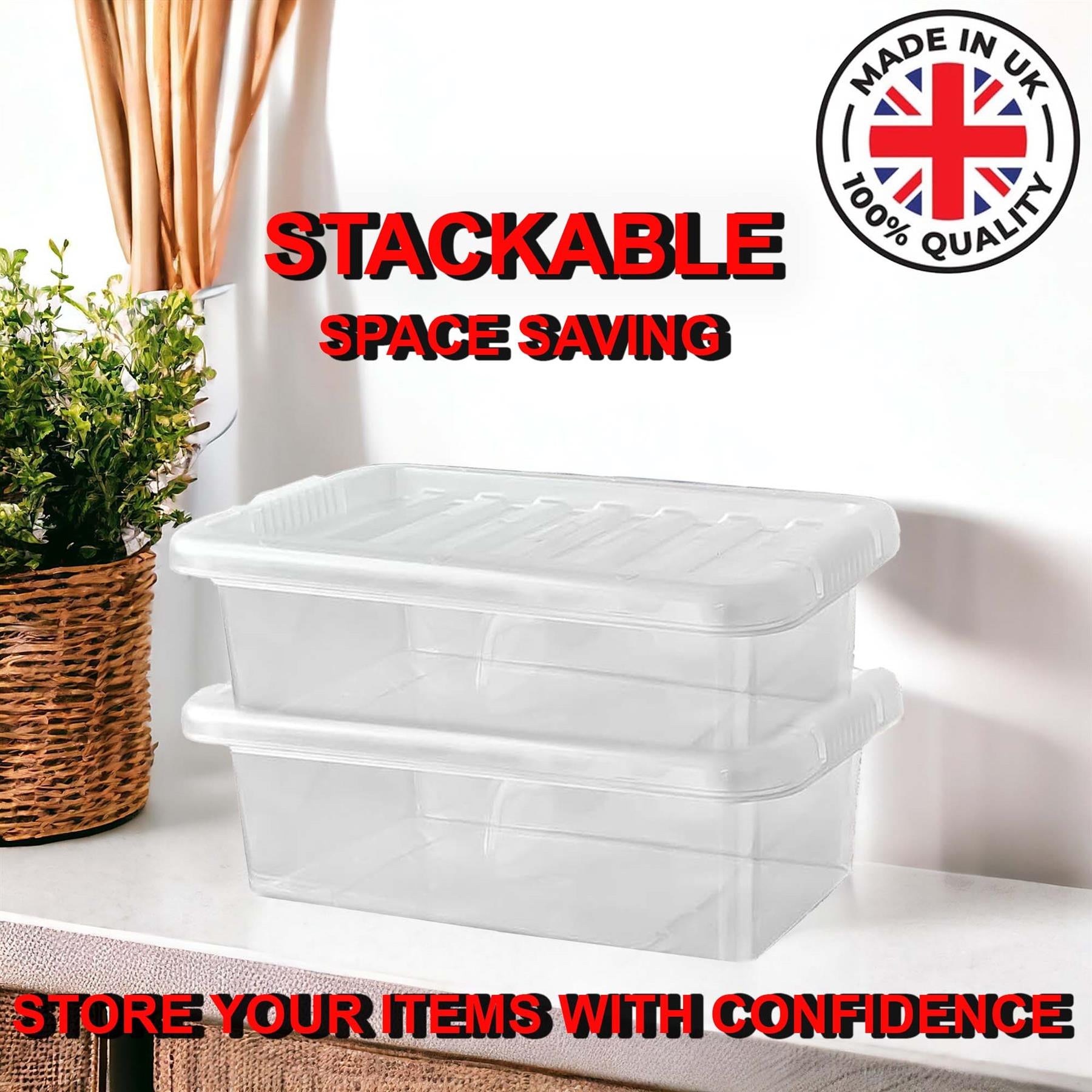 Clear Plastic Storage Boxes with Lids Stackable Box Home Office Kitchen UK Made