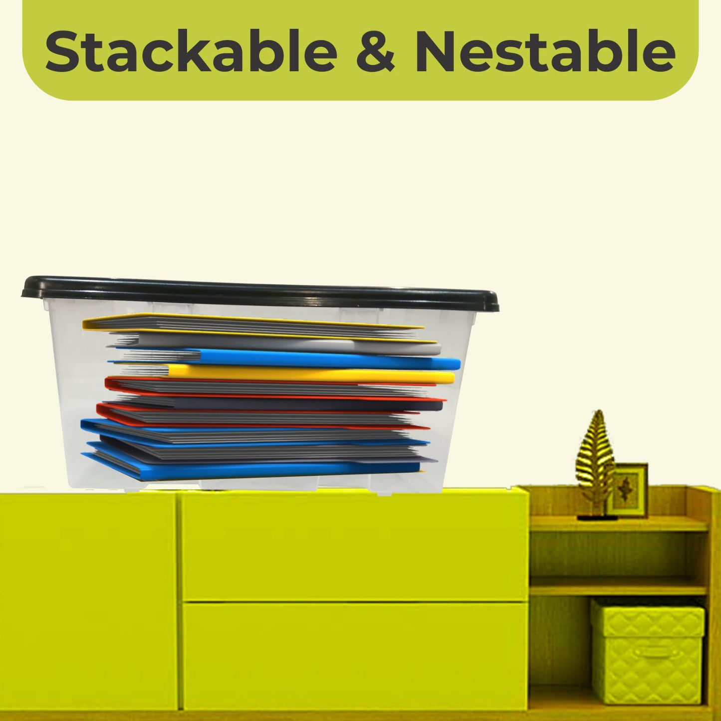 Plastic Storage Boxes with Black Lids Durable Stackable Home Office Clear Box UK