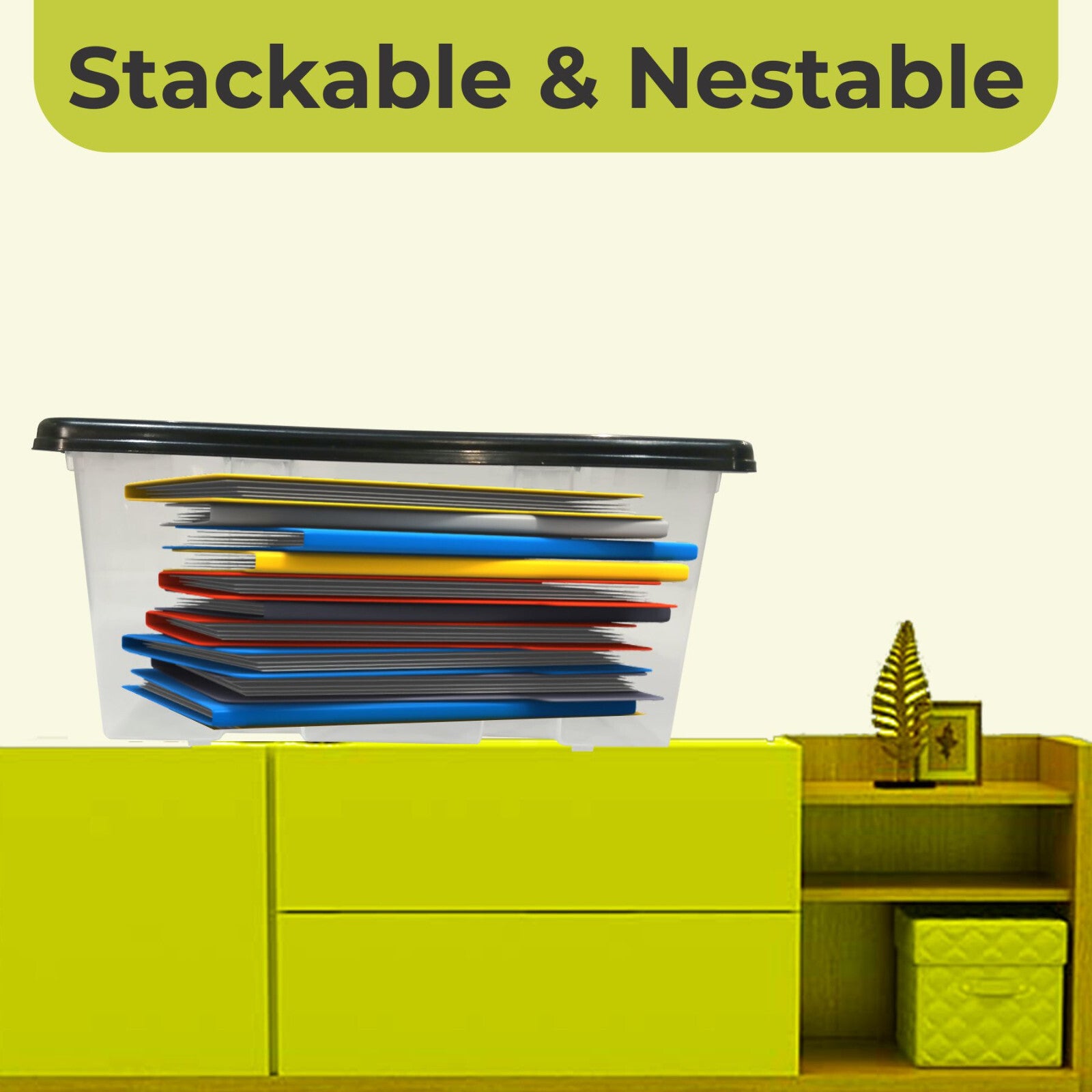 Plastic Storage Boxes with Black Lids Durable Stackable Home Office Clear Box UK