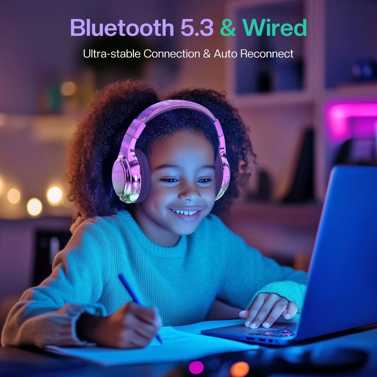 Glossy Bluetooth Headphones for Kids Girls Wireless Stereo Headset with Mic for Travel Children'S Music Helmet Christmas Gifts