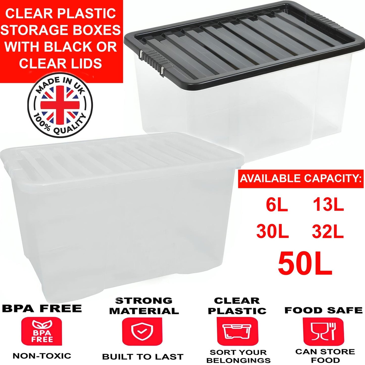 Clear Plastic Storage Boxes with Lids Stackable Box Home Office Kitchen UK Made