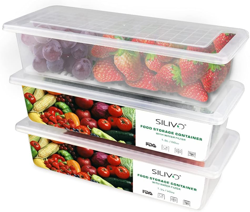 Fridge Organiser with Lids,  Food Storage Containers with Draining Grid, Fridge Organiser for Storing Fresh Fruit, Vegetable and Cheese (3 X 1.5L)