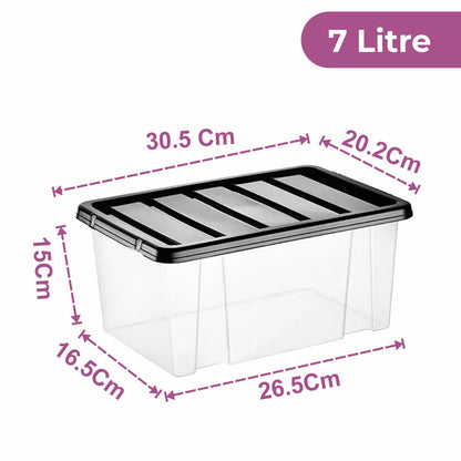 Plastic Storage Boxes with Black Lids Durable Stackable Home Office Clear Box UK