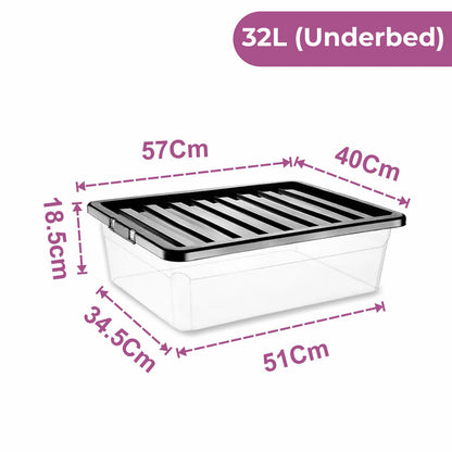 Plastic Storage Boxes with Black Lids Durable Stackable Home Office Clear Box UK