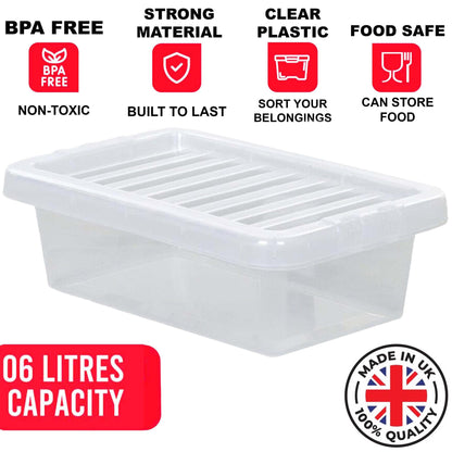 Clear Plastic Storage Boxes with Lids Stackable Box Home Office Kitchen UK Made