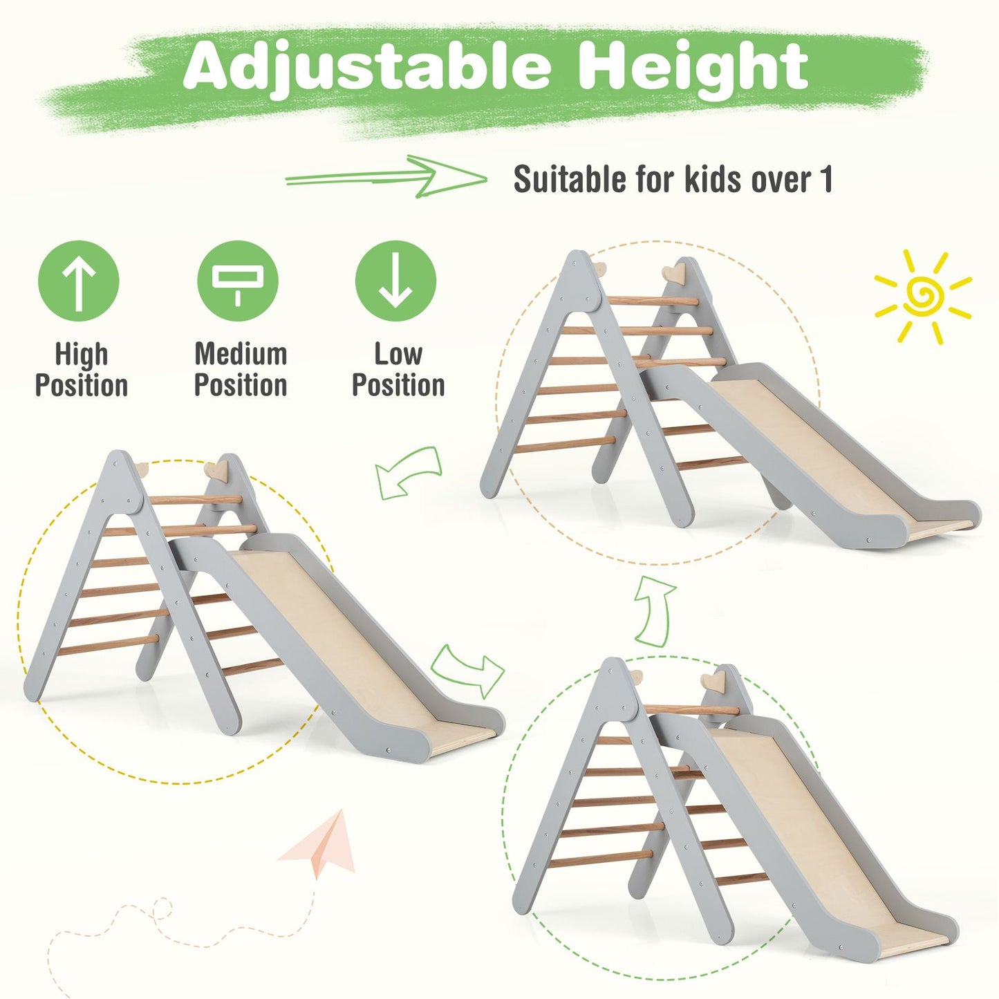 2-In-1 Wooden Triangle Climbing Toy with Gradient Adjustable Slide