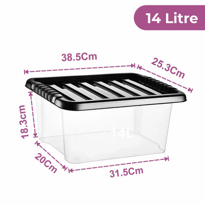 Plastic Storage Boxes with Black Lids Durable Stackable Home Office Clear Box UK