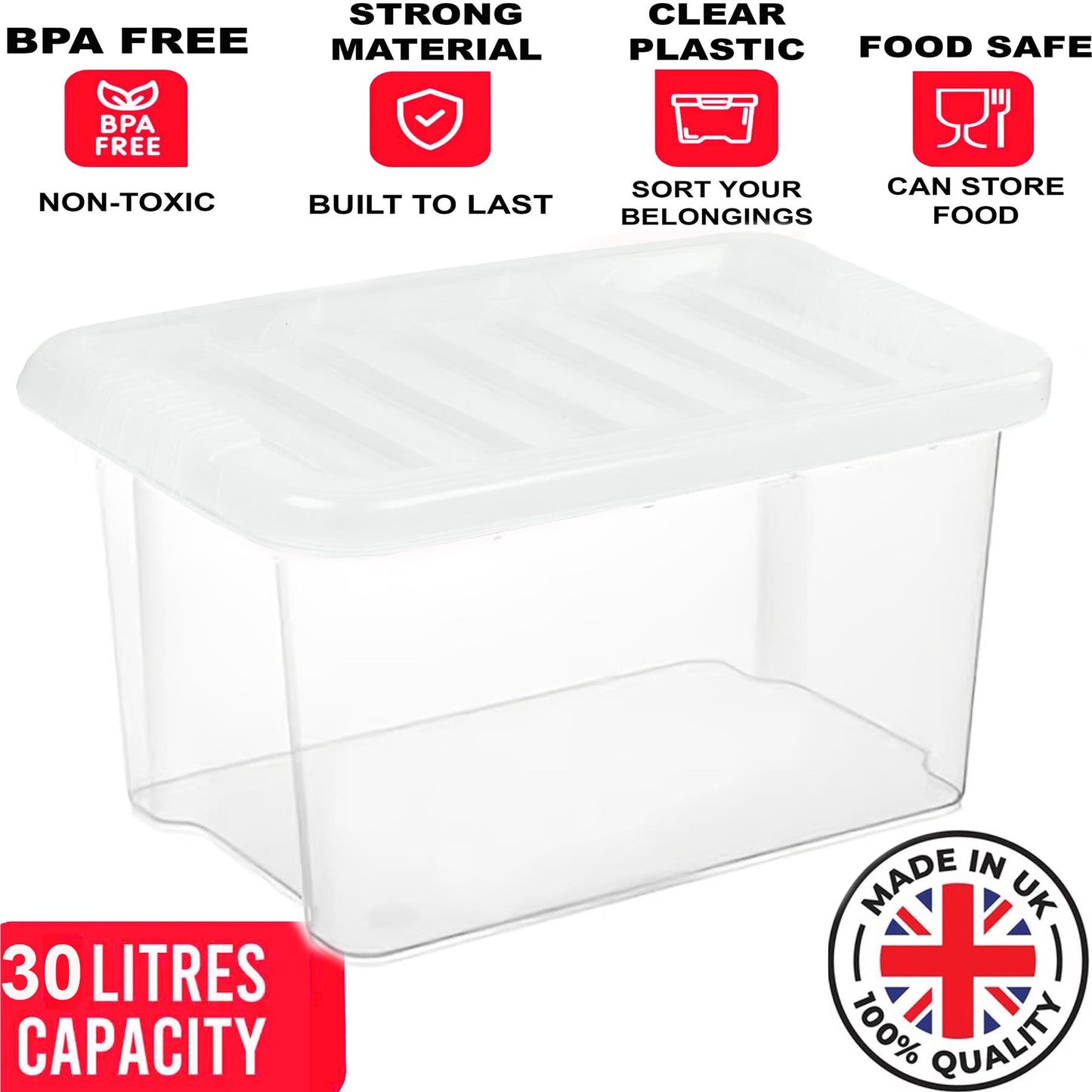 Clear Plastic Storage Boxes with Lids Stackable Box Home Office Kitchen UK Made