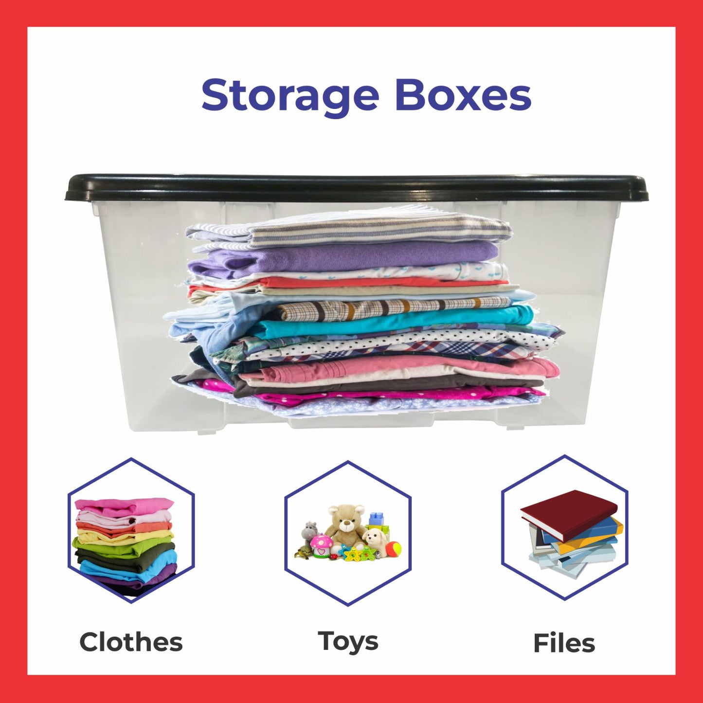 Plastic Storage Boxes with Black Lids Durable Stackable Home Office Clear Box UK