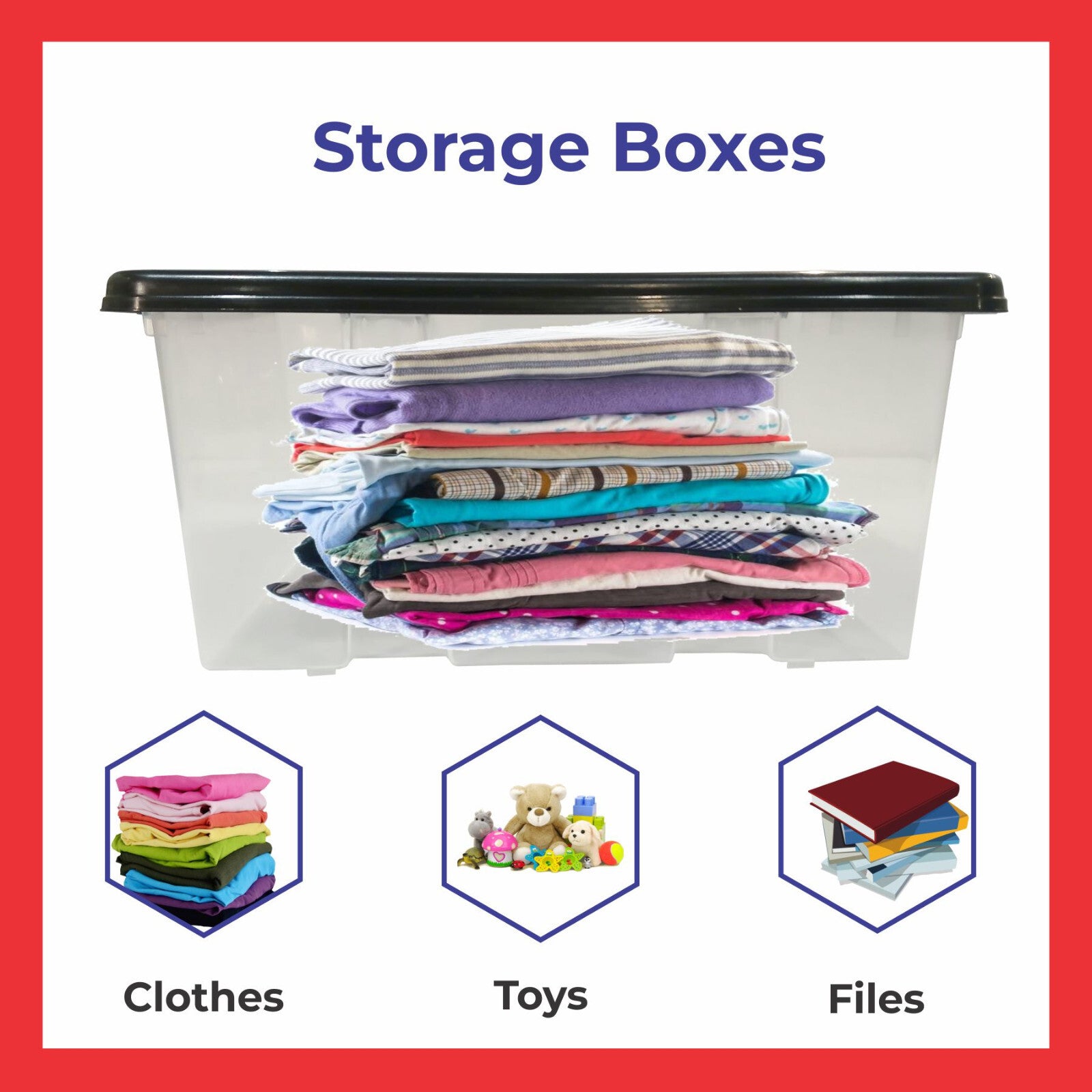 Plastic Storage Boxes with Black Lids Durable Stackable Home Office Clear Box UK