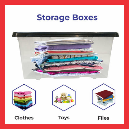 Plastic Storage Boxes with Black Lids Durable Stackable Home Office Clear Box UK