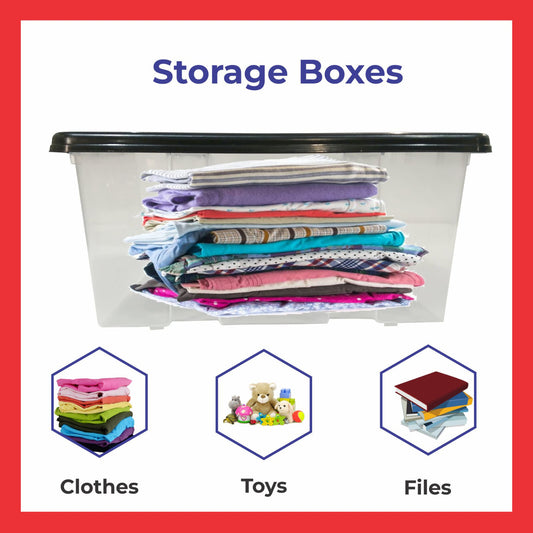 Plastic Storage Boxes with Black Lids Durable Stackable Home Office Clear Box UK