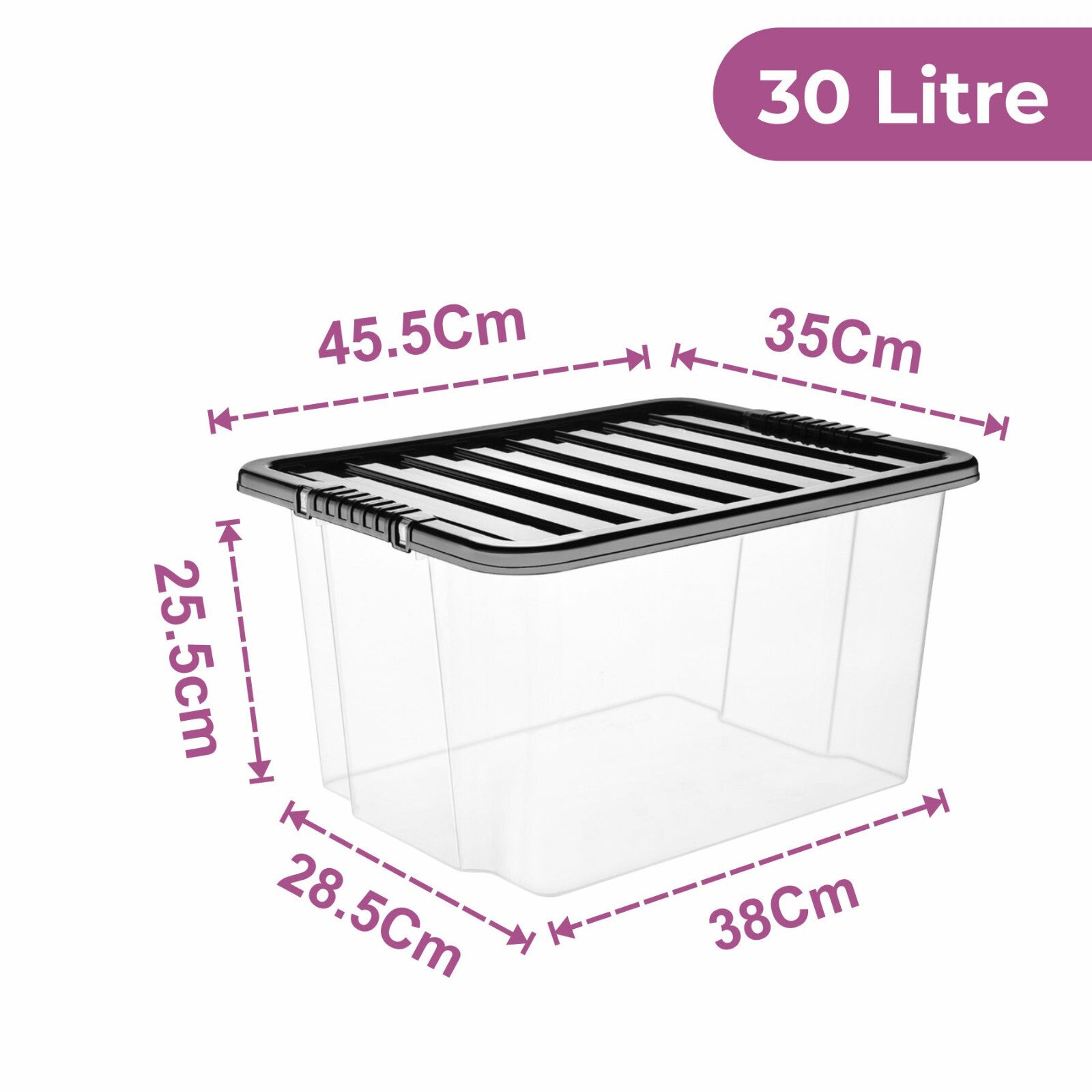 Plastic Storage Boxes with Black Lids Durable Stackable Home Office Clear Box UK
