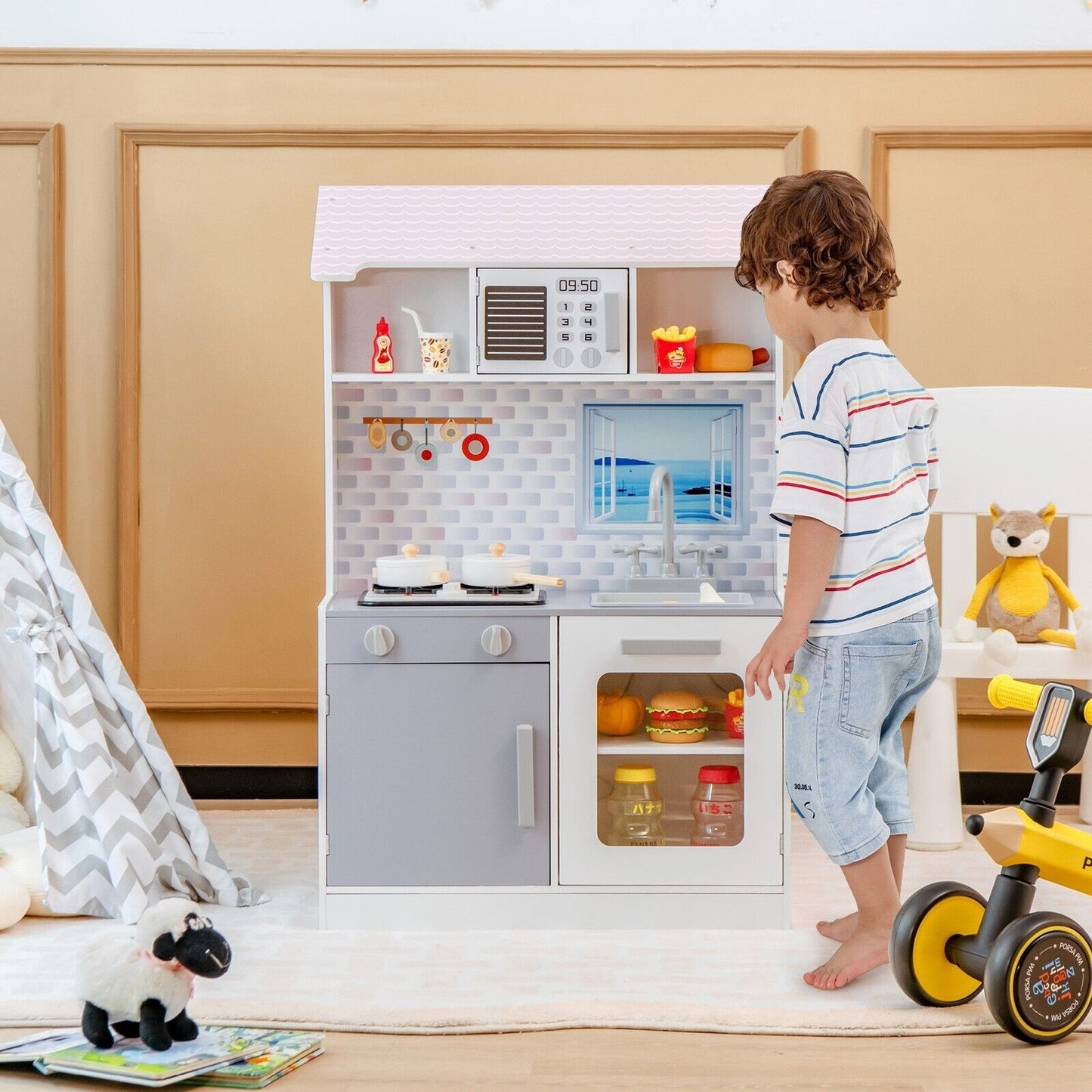 2 in 1 Kids Toy Kitchen and Dollhouse for 3+ Years Old Children