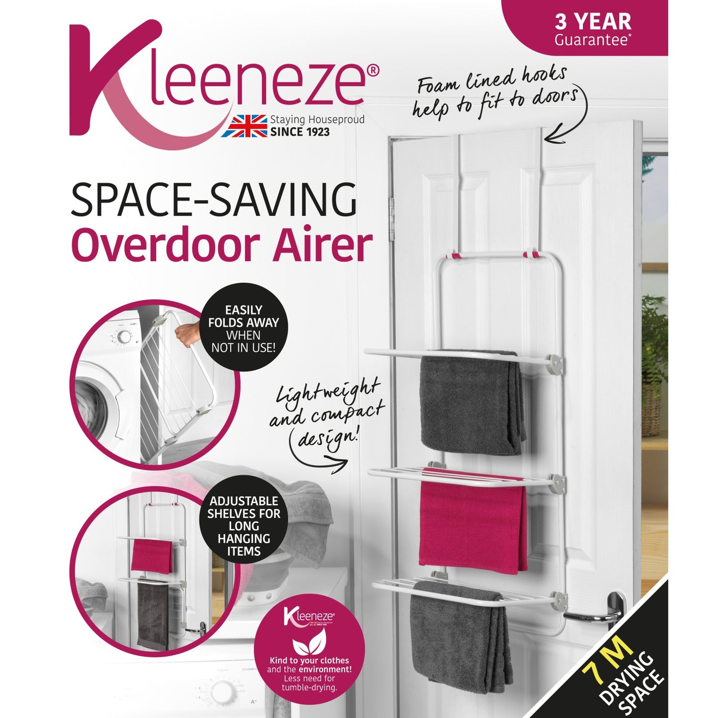 Kleeneze Overdoor Clothes Airer 3 Tier Hanging Laundry Drying Rack Space Saving