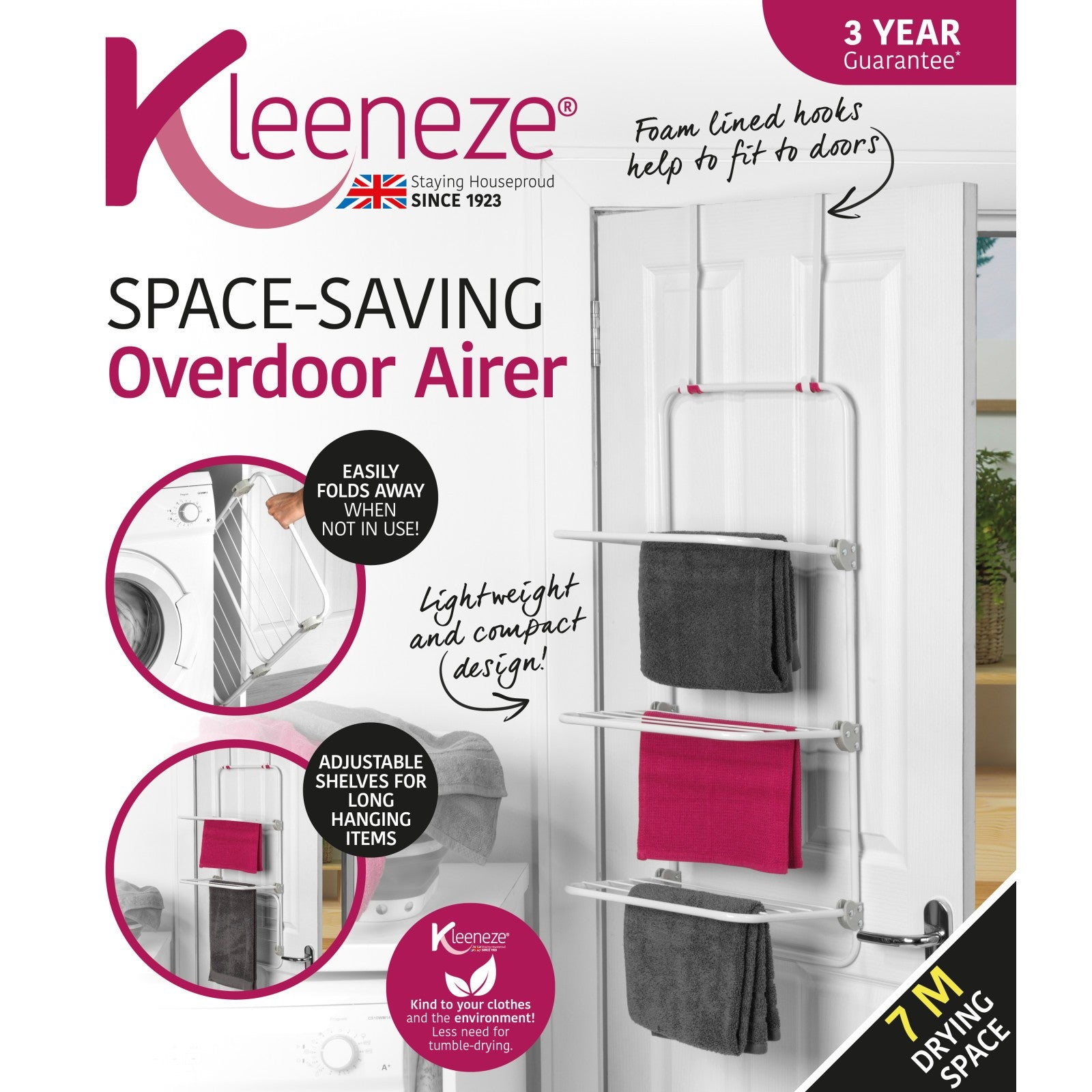 Kleeneze Overdoor Clothes Airer 3 Tier Hanging Laundry Drying Rack Space Saving