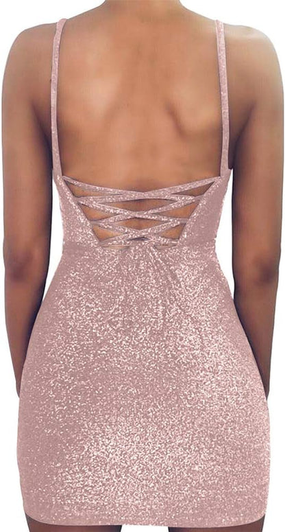 Women'S Glitter Bandage Bodycon Wrap Dress Sleeveless Dress