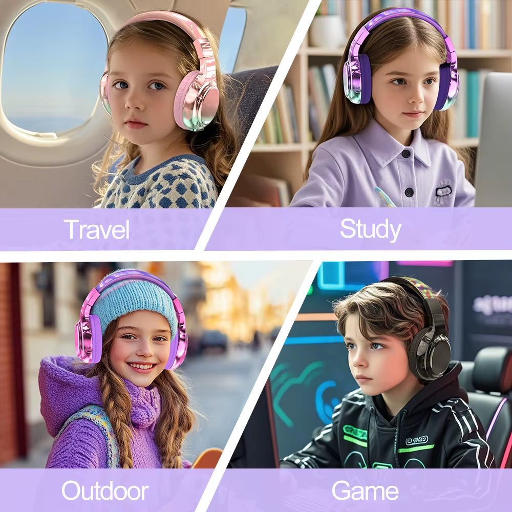 Glossy Bluetooth Headphones for Kids Girls Wireless Stereo Headset with Mic for Travel Children'S Music Helmet Christmas Gifts