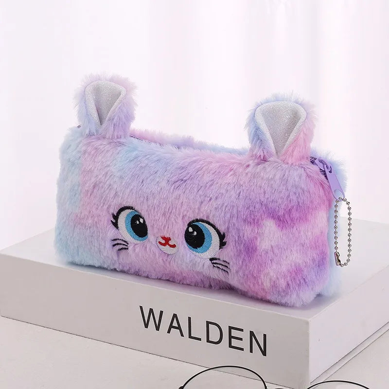 Kawaii Cat Large-Capacity Zipper Pencil Bag, Beautiful Cartoon Creative Plush Pencil Bag for Girls Stationery Storage Bag