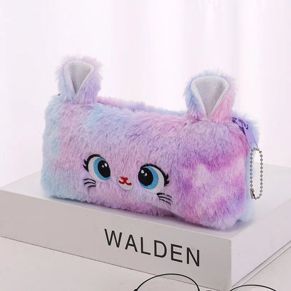Kawaii Cat Large-Capacity Zipper Pencil Bag, Beautiful Cartoon Creative Plush Pencil Bag for Girls Stationery Storage Bag