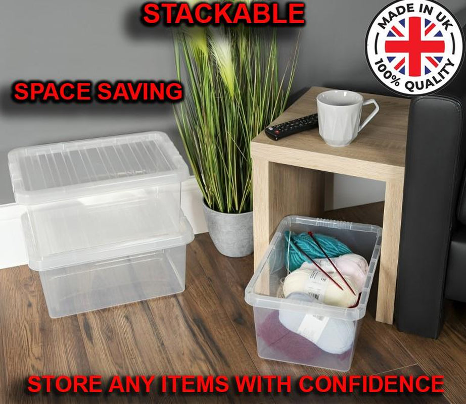 Clear Plastic Storage Boxes with Lids Stackable Box Home Office Kitchen UK Made