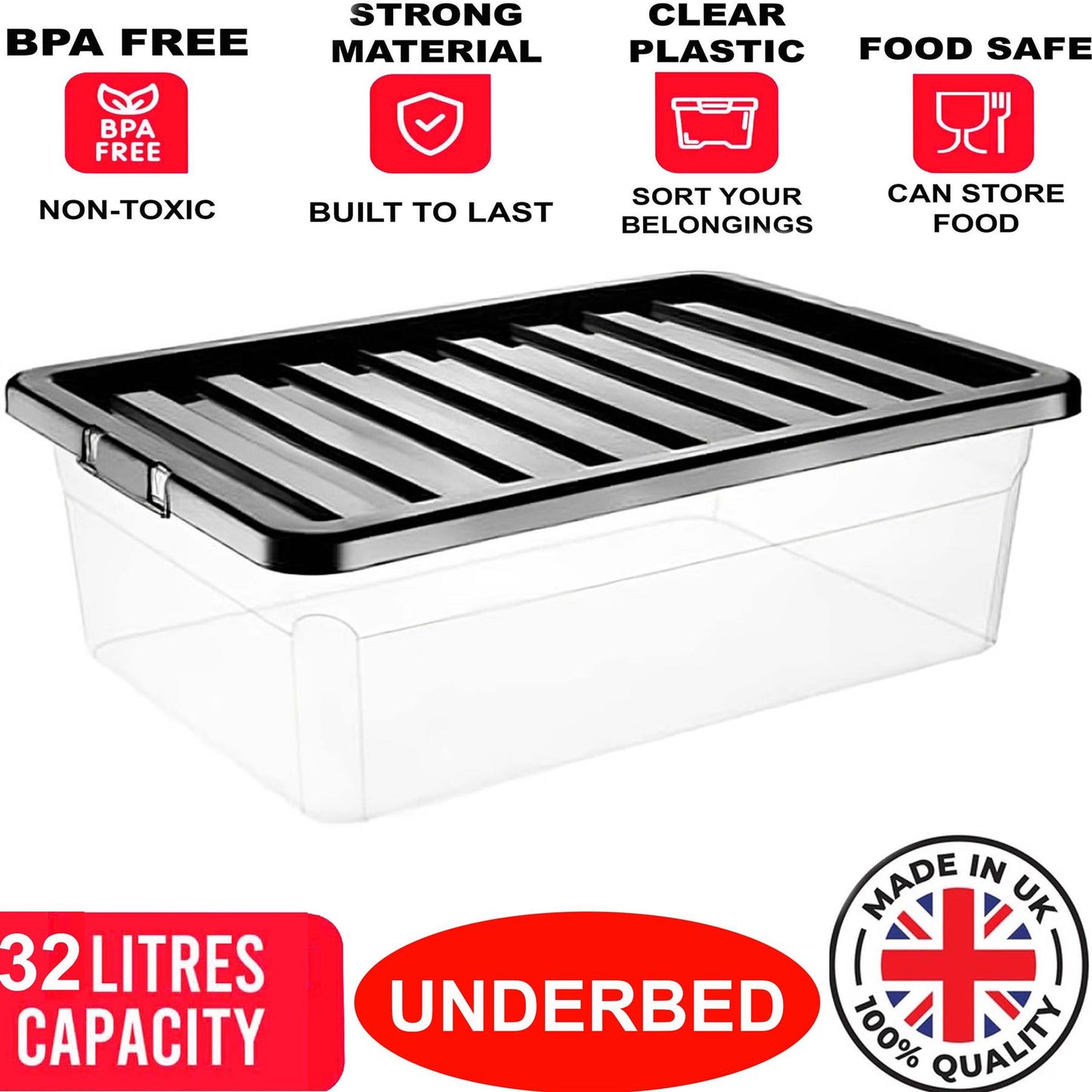 Clear Plastic Storage Boxes with Lids Stackable Box Home Office Kitchen UK Made