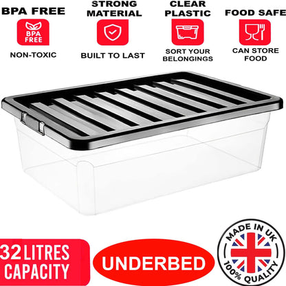 Clear Plastic Storage Boxes with Lids Stackable Box Home Office Kitchen UK Made