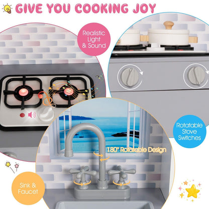 2 in 1 Kids Toy Kitchen and Dollhouse for 3+ Years Old Children
