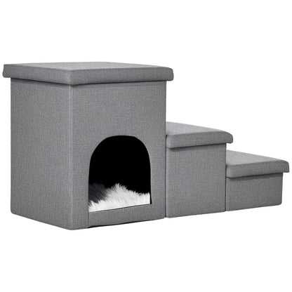 Pawhut 3 Step Dog Steps for Bed W/ Cat House Storage Boxes for Sofa Grey