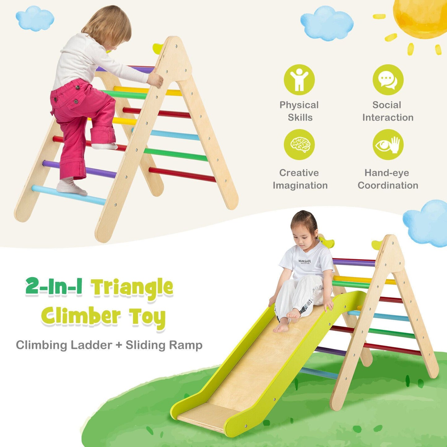 2-In-1 Wooden Triangle Climbing Toy with Gradient Adjustable Slide