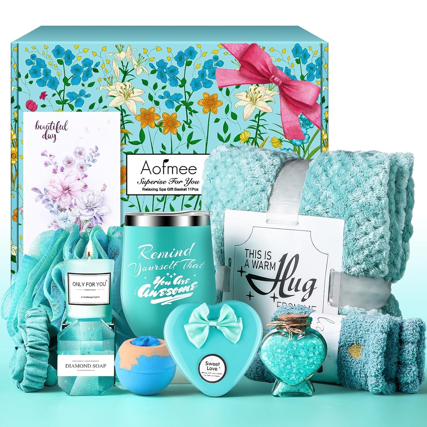 Birthday Gifts for Women, Thinking of You Gift Care Package with Luxury Flannel Blanket for Women Mom Her Wife Friends Sister, Blue Self Care Spa Relaxing Baskets for Christmas Valentines Mothers Day