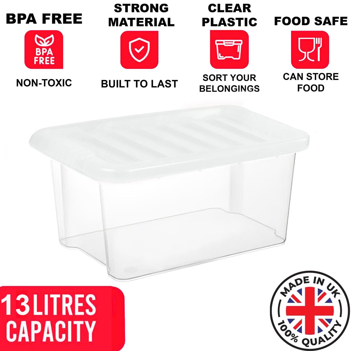 Clear Plastic Storage Boxes with Lids Stackable Box Home Office Kitchen UK Made