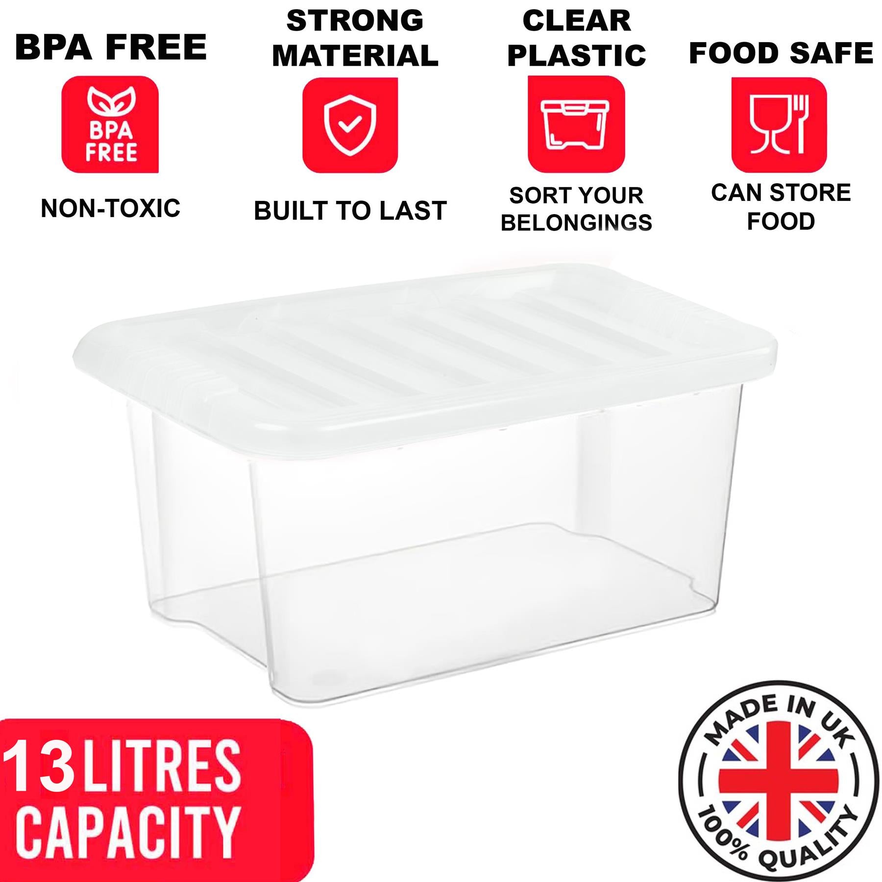 Clear Plastic Storage Boxes with Lids Stackable Box Home Office Kitchen UK Made